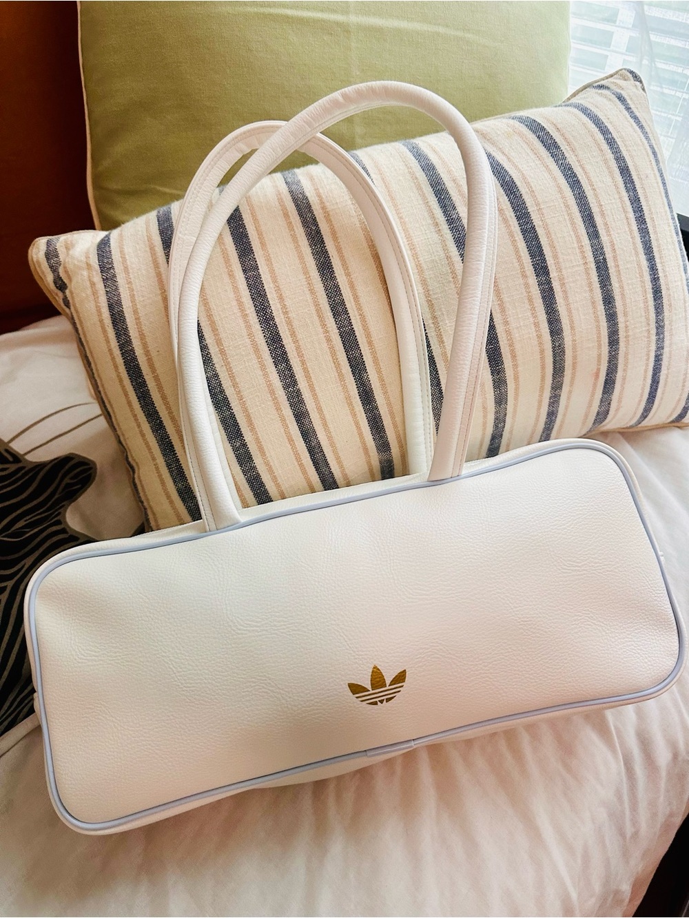 adidas White Shoulder Tote with Gold Trefoil Accent